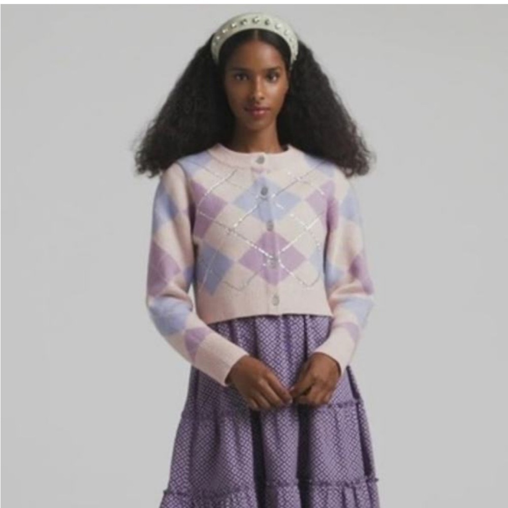 Hill House Argyle Breakfast Cropped Cardigan Sweater Size Small NWT